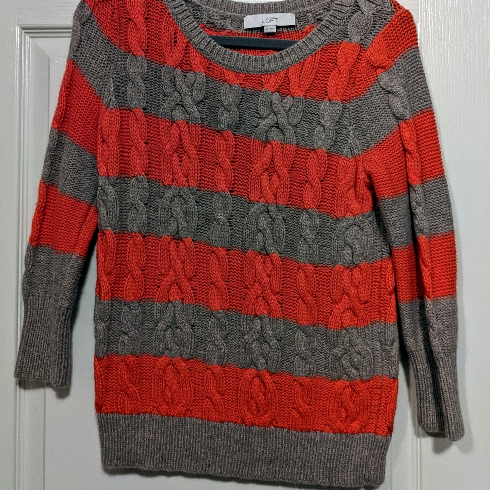 LOFT Beige and Orange Striped Cable Knit Sweater